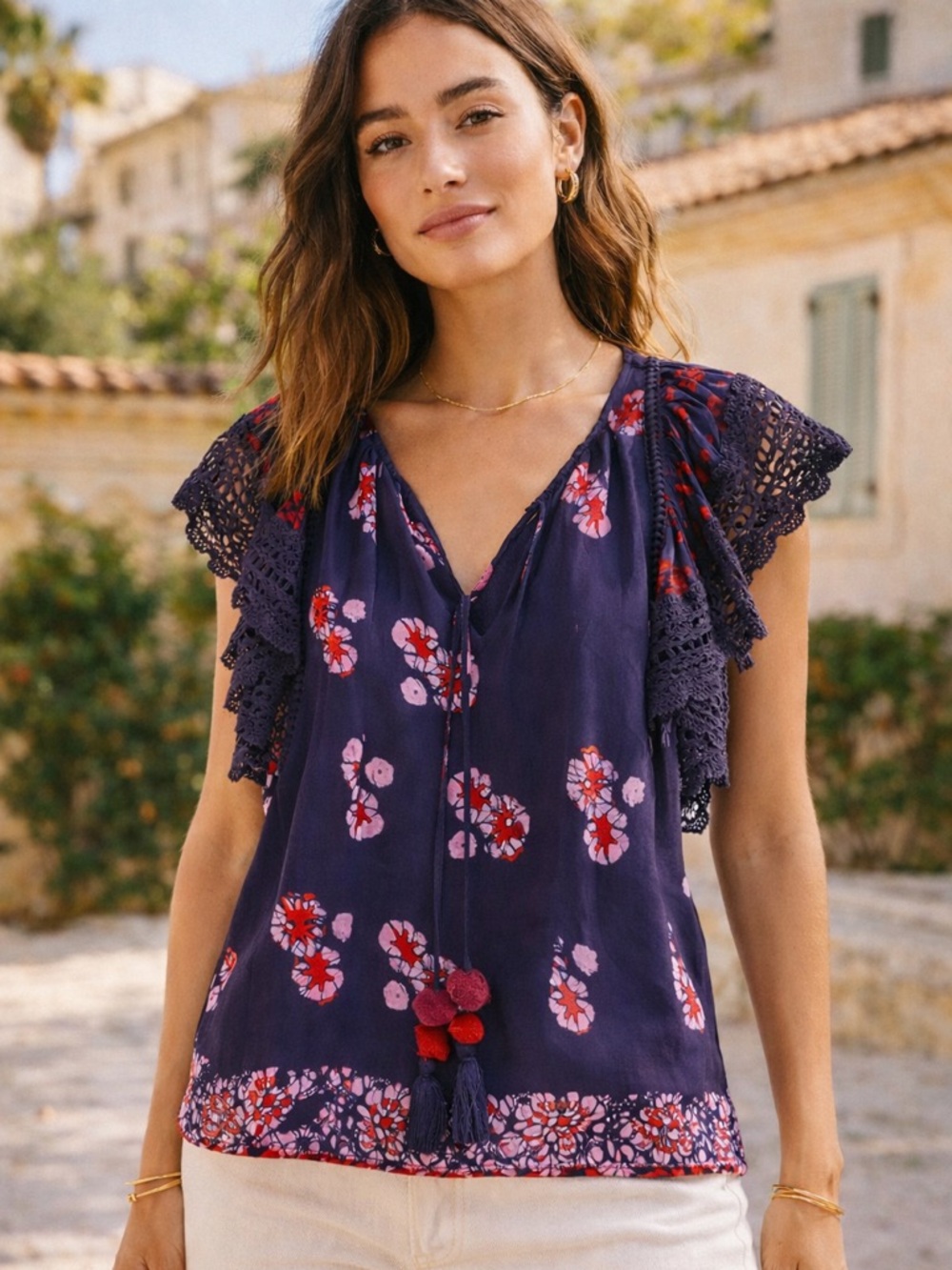 Sea New York Floral Ruffle Sleeve Blouse Navy Red Tassel Tie Size 2